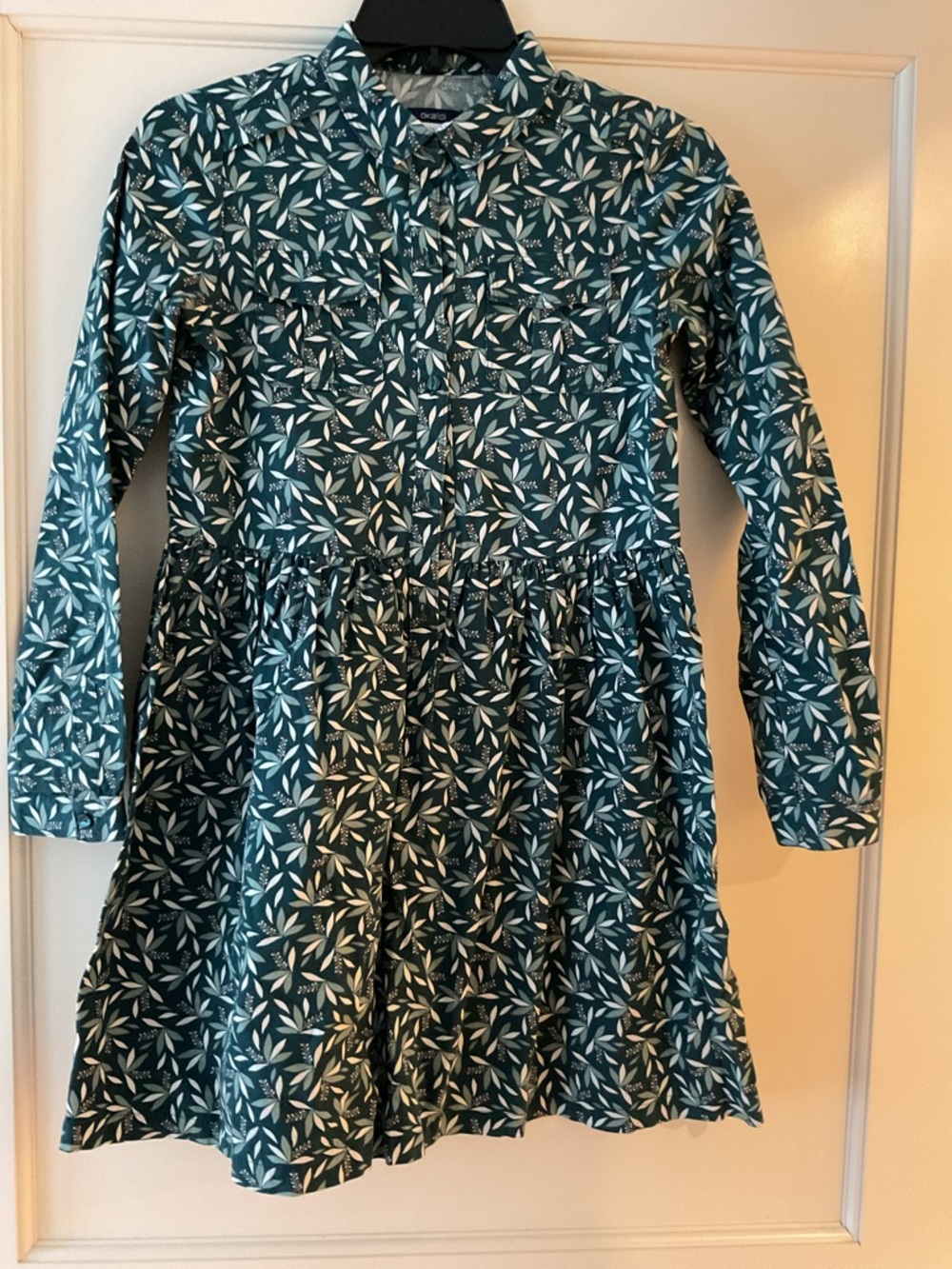 Okaidi Girls' Teal Leaf-Print Long Sleeve Casual Dress size 12